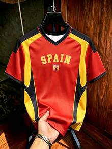 Gritte Field Men's V-Neck Letter Print Colorblock Casual Daily Football Short Sleeve Top - Multicolor - View 1