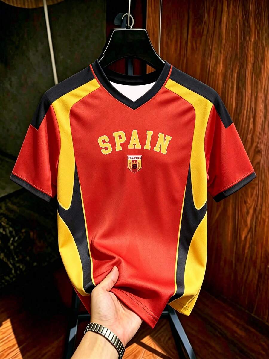 Gritte Field Men's V-Neck Letter Print Colorblock Casual Daily Football Short Sleeve Top - Multicolor - View 1