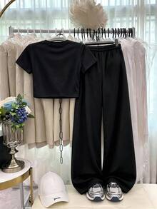 SHEIN 2件組青少年短袖長褲套裝，蝴蝶結緞帶粉色，適合春/夏，運動與通勤 - 黑色 - 查看 4