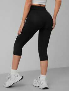 SHEIN PETITE سروال ضيق أسود كاجوال بخصر عالي وطول 3/4 للنساء، مناسب للصيف والخروج وملابس الخريف والملابس الرياضية للنساء - الأسود - مشاهدة 2