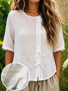 SHEIN Holidaya Women's Hollow Embroidered Tie Decor Blouse White Floral Summer Bohemian Cottagecore Boho Vacation - White - View 5