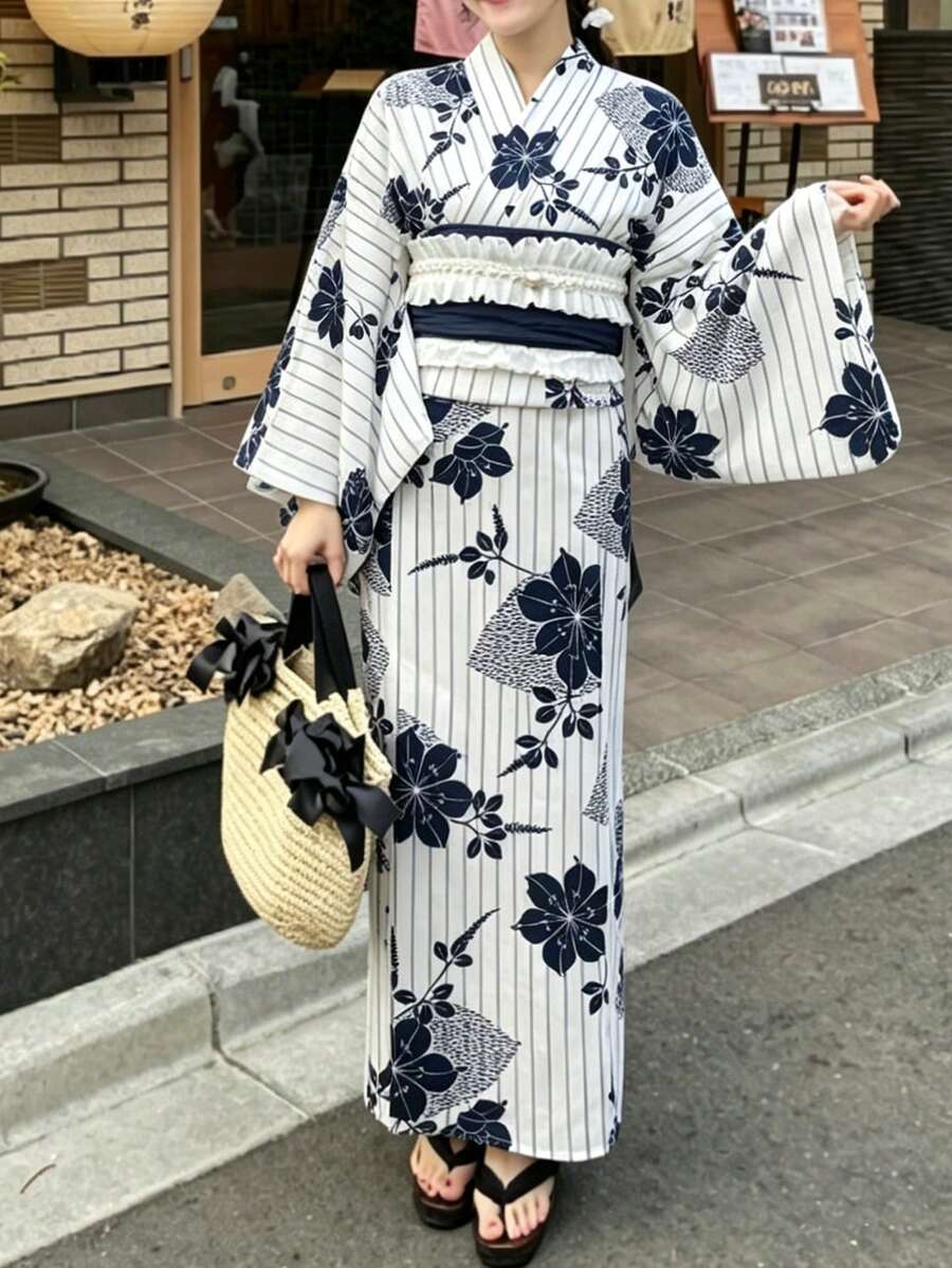 Irokai Kimono Yukata Dua Potong Tradisional Jepang untuk Wanita di Musim Panas dengan Motif Bunga (Sabuk Tidak Termasuk) - Putih - View 1
