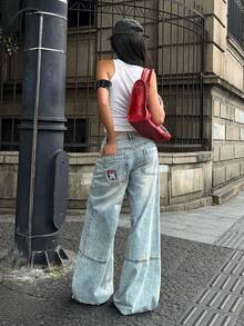 Coolane 女款春夏街頭風外出演唱會穿搭 Y2K 牛仔女郎休閒復古水洗寬腿牛仔褲 低腰棉質香蕉哈倫褲 - 淺色水洗藍 - 查看 4