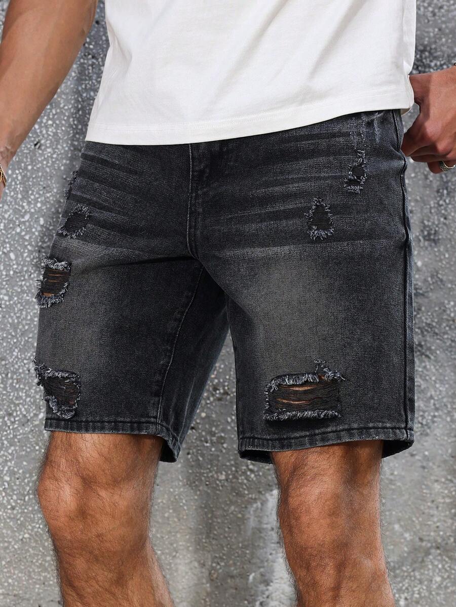 Manfinity Roughcore Men's Denim Shorts, Fashion Suitable For Summer Black Shorts Men S Ripped Shorts - Black - View 1