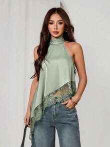 SHEIN PETITE 不對稱高領露背蕾絲飾邊細肩帶上衣，優雅無袖上衣，適合晚宴、雞尾酒會、正式場合、度假、夜生活、婚禮賓客，夏秋穿著，露肩風格 - 軍綠色 - 查看 8