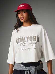 MISSGUIDED 寬鬆短版紐約市印花圓領圖案T恤，適合休閒日常穿著 - 白色 - 查看 2
