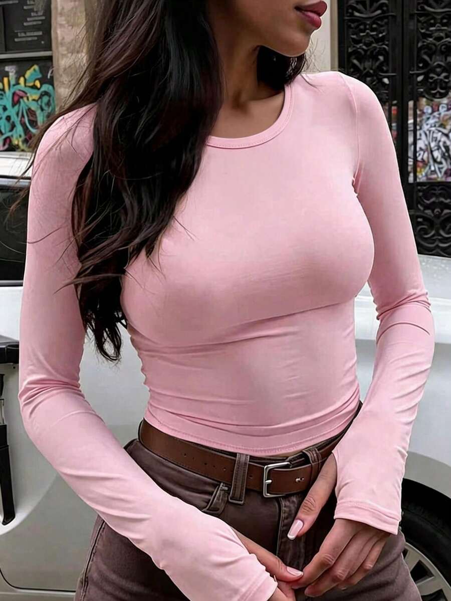 SHEIN 女款純色圓領長袖修身休閒T恤 - 粉色 - 查看 1