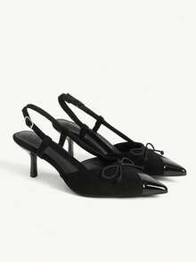 CUCCOO CHICEST French Black Pointed Stiletto High Heels, Back Empty Word With Bow Temperament Commuter Workplace Women's Shoes - Black - View 2