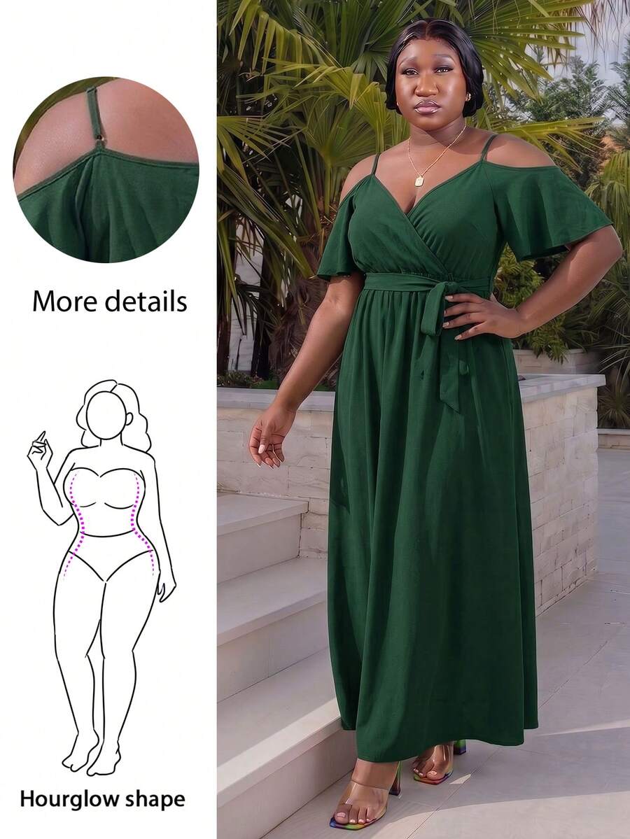 CurvyTilda Plus Size Plain Sleeveless Casual Dress, Simple & Fashionable For Everyday Wear Elegant Summer - Dark Green - View 1