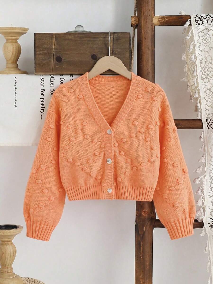 SHEIN Vintaside Kids 女童秋冬時尚極簡特製針織長袖開襟毛衣 - 橘色 - 查看 1