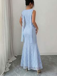 Modelyn Green Sleeveless Cowl Neck Ribbon 3D Floral Mesh Print Fitted Dress For Women - Blue - View 2