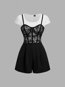 SHEIN MOD Women Flower Scoop Neck Short Sleeve Short Black Floral Sweet Elegant Y2K Romper Going Out City Break Picnic Vacation Back To School Halloween Summer - Black and White - View 6