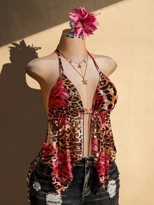SHEIN ICON Plus Size Y2K Sexy Halter Neck Vacation Print Back Tie Asymmetrical Hem Mesh Top Summer Night Out Pink Leopard Print - Multicolor - View 7