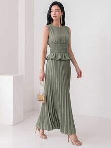 Heiryn Women's Solid Color Pleated Ruffle Hem Shirt And Skirt Elegant Frenchy French Two Pieces Set Vacation Sage Green Summer Daytime Drinks Holiday Party - Army Green - View 7