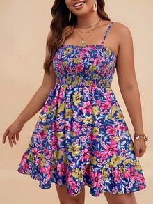 Travachic WYWH Women Vacation Summer Break Plus Floral Print Ruffle Hem Cami Flower Dress Beach Navy Blue Boho - Multicolor - View 5