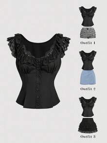 SHEIN MOD Women's French Romantic Sweet Lace Patchwork Single-Breasted Shirt For Dating Going Out Black Summer - Black - View 1