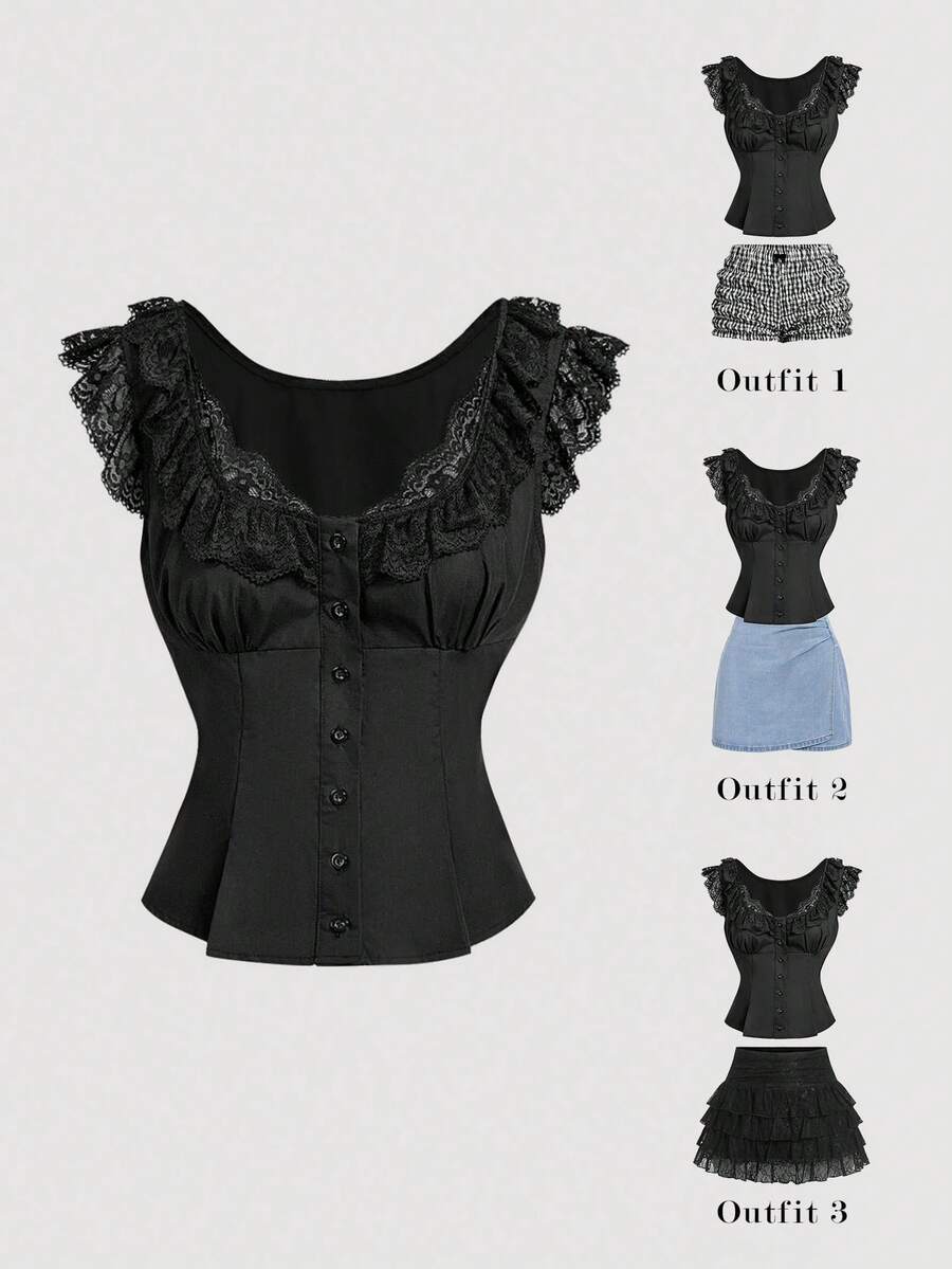 SHEIN MOD Women's French Romantic Sweet Lace Patchwork Single-Breasted Shirt For Dating Going Out Black Summer - Black - View 1