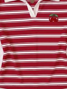 Tseoso 女款 Y2K 可愛紅白條紋 Polo T-shirt，櫻桃圖案，Softgirl 風格，學院風，適合夏季祭典、返校季、教師與學校穿著 - 白色 - 查看 3