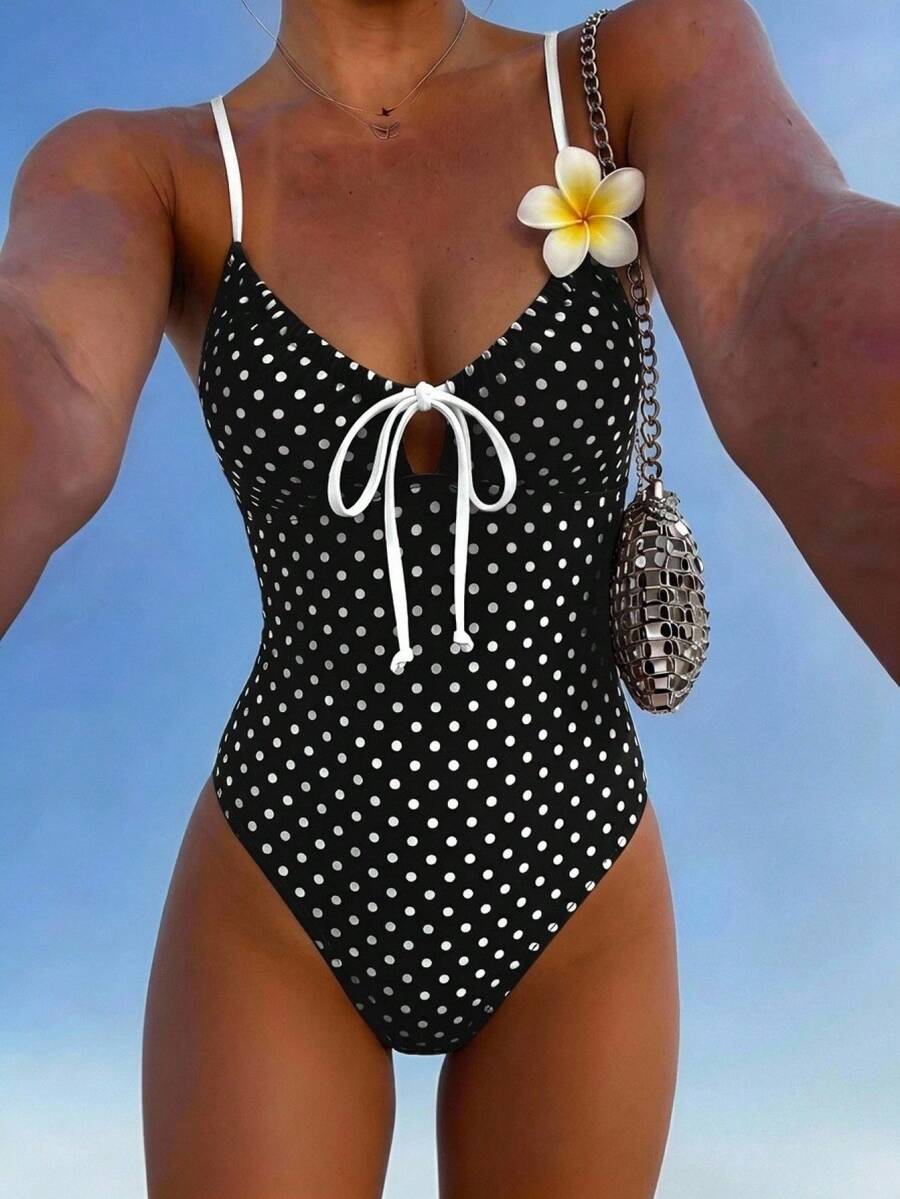 Swim Mod 女款黑白波點印花前綁帶式連身泳衣,適合海灘派對度假夏季性感熱帶風 - 黑與白 - 查看 1