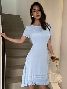 Yunfilé 针织修身荷叶边A字连衣裙，女士短袖优雅连衣裙 - 淺藍色 - 查看 4