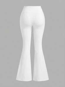 SHEIN Girlism Tween女孩純色不對稱腰線喇叭褲長褲休閒日常百搭 - 白色 - 查看 2