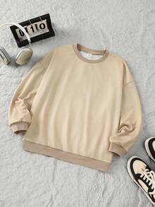 SHEIN Kids 1pc Tween Boy Letter Print On The Back, This Back-To-School Sweatshirt Is Perfect For Autumn And Winter. - Apricot - View 4