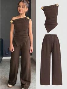 SHEIN 少女 2 件組休閒咖啡色抓皺露肩金屬花飾無袖修身針織上衣與喇叭褲套裝，適合居家與戶外、旅行機場、休閒日常穿著、校園穿著 - 棕色 - 查看 3