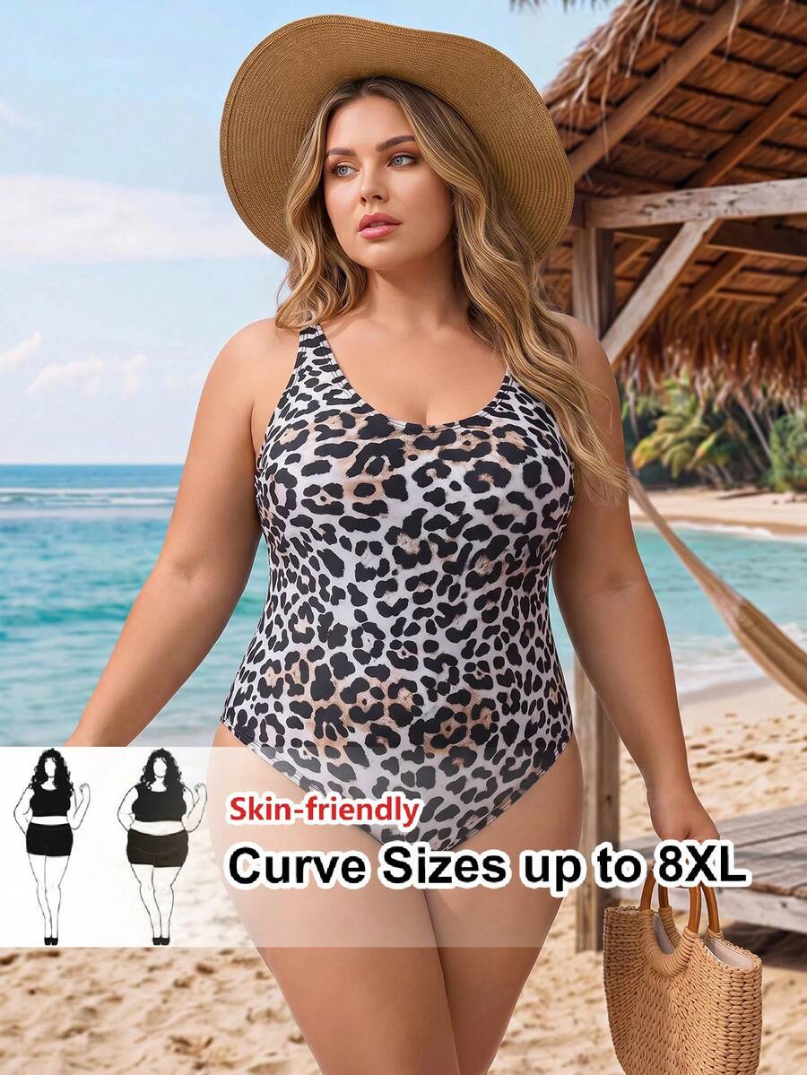 SHEIN CURVE+ 大尺碼女款豹紋連身泳衣,適合海灘度假、泳池派對、海灘派對 - 彩色 - 查看 1