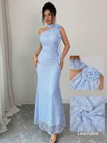 Modelyn Green Sleeveless Cowl Neck Ribbon 3D Floral Mesh Print Fitted Dress For Women - Blue - View 5