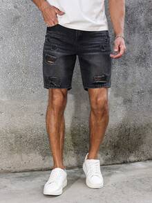 Manfinity Roughcore Men's Denim Shorts, Fashion Suitable For Summer Black Shorts Men S Ripped Shorts - Black - View 8