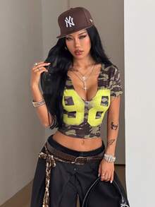 Coolane 女款春夏街頭風時尚日常穿搭數字圖案彈性深藍色胸衣式缺口T恤 - 軍綠色 - 查看 5