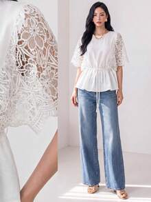 Heiryn Women's Solid Color Round Neck Pleated Casual Versatile Daily Outing Shirt - White - View 2