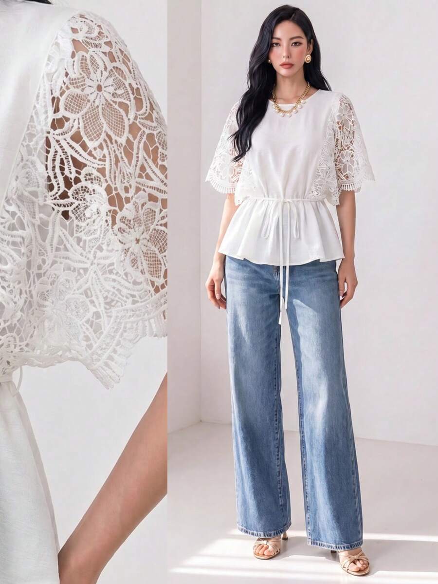 Heiryn Women's Solid Color Round Neck Pleated Casual Versatile Daily Outing Shirt - White - View 1