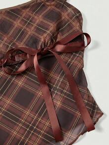 SHEIN MOD Women's Plaid Tank Top With Bow Ribbon Decor And Asymmetric Diagonal Hem Date Daytime Everyday Brown Plaid Summer 1960s Vintage Elegant Romantic - Mocha Brown - View 4