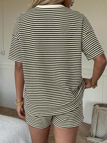 Muchica Striped Drop Shoulder Short Sleeve Loose Casual Summer Grey T-Shirt Set - Dark Grey - View 2