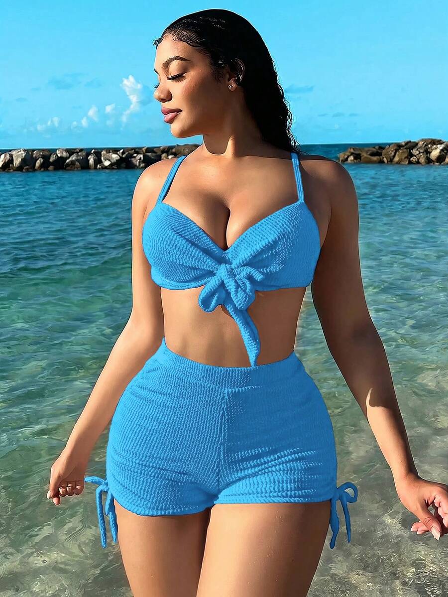 Swim SXY 女款夏季海灘純色前綁帶性感時尚比基尼兩件式泳衣套裝 - 藍色 - 查看 1
