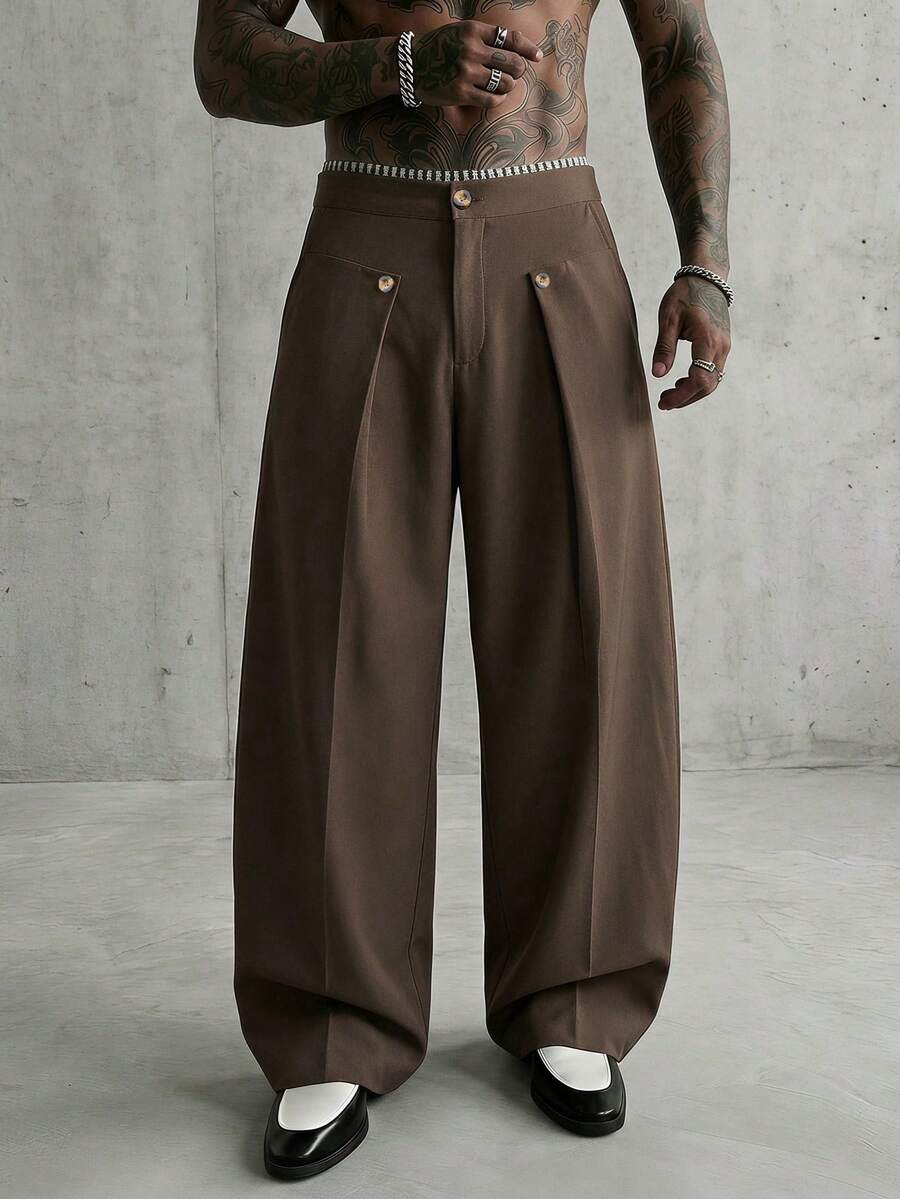 AXEPEAK Men's Pocket Pleated Design Wide Leg Loose Pants - Brown - View 1