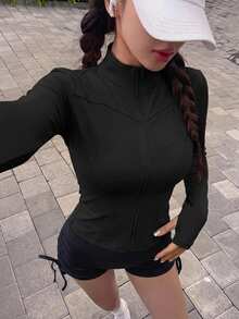 DAZY 女款純色彈性假領修身長袖夾克，運動休閒風，春秋款 - 黑色 - 查看 7