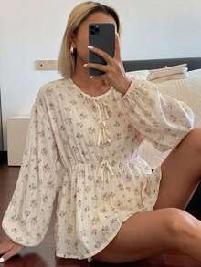 DAZY 女款圓領蝴蝶結寬鬆版型夏季襯衫 - 杏色 - 查看 5