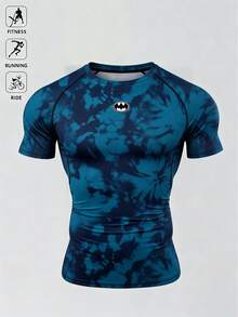 BATMAN X SHEIN Gym Rark Men's Round Neck Tie-Dye Pleated Slim Fit Versatile Daily Casual Sports T-Shirt - Multicolor - View 5
