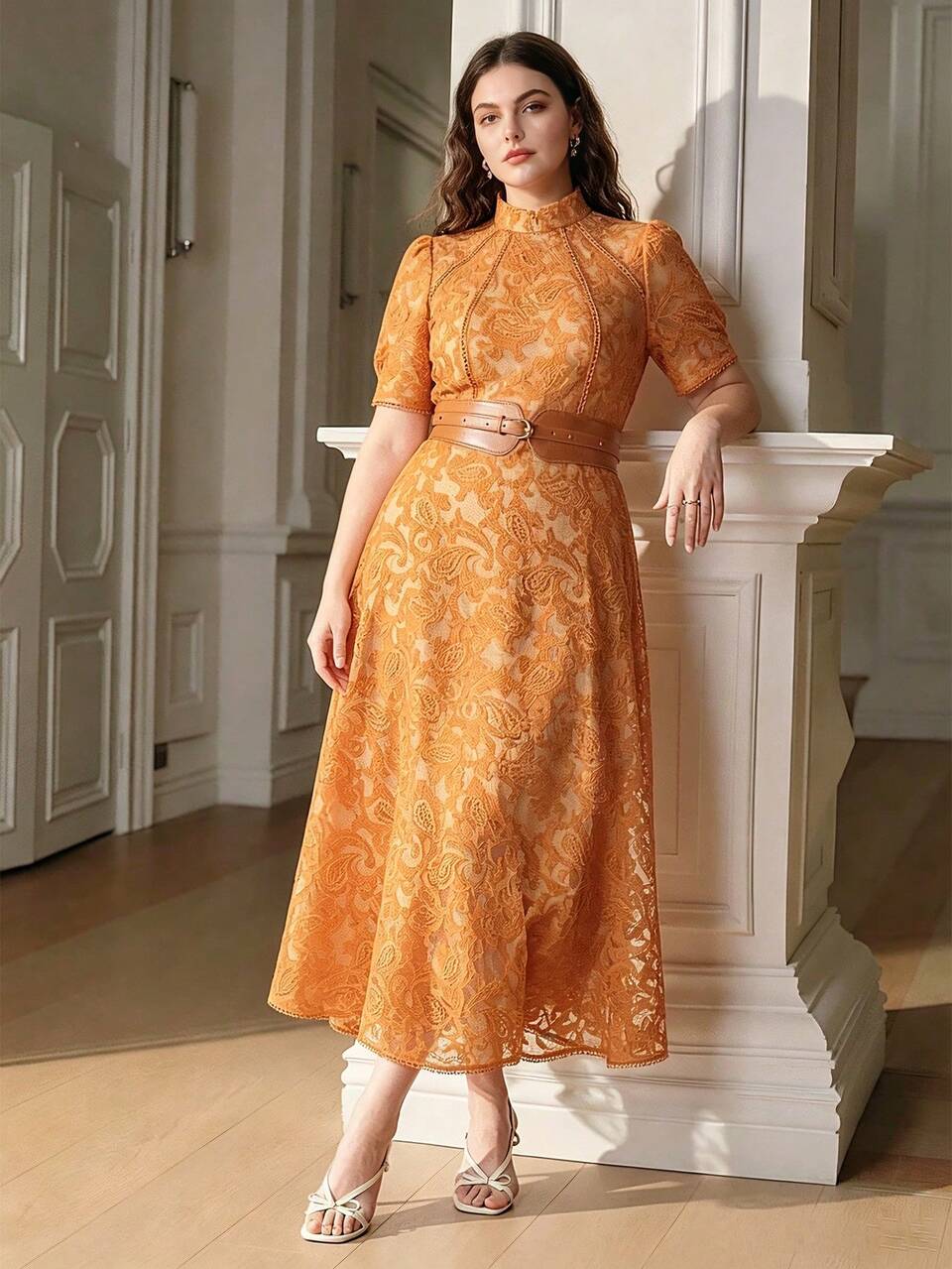Anewsta Spring/Summer New Women's Yellow High Collar Fitted Mesh A-Line Dress, Elegant Embroidered Long Sleeve Plus Size Maxi Dress