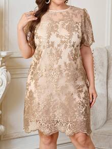 Reflora Plus Size Summer Elegant Embroidered Mesh Dress Formal Wedding Beige - Champagne - View 3