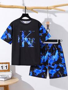 SHEIN 2件組兒童青少年男孩休閒舒適螢光圖案套頭短袖T恤直筒寬鬆短褲針織套裝，運動服，Y2K穿搭，適合春夏秋冬，外出、約會、旅行、度假、家庭聚會、運動 - 藍色 - 查看 5