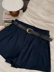 INAWLY Women's Summer Casual Versatile Solid Color Shorts - Navy Blue - View 3