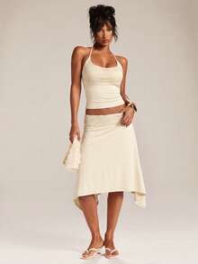 SHEIN BAE Women's Solid Color Asymmetric Hem Casual Skirt - Apricot - View 5