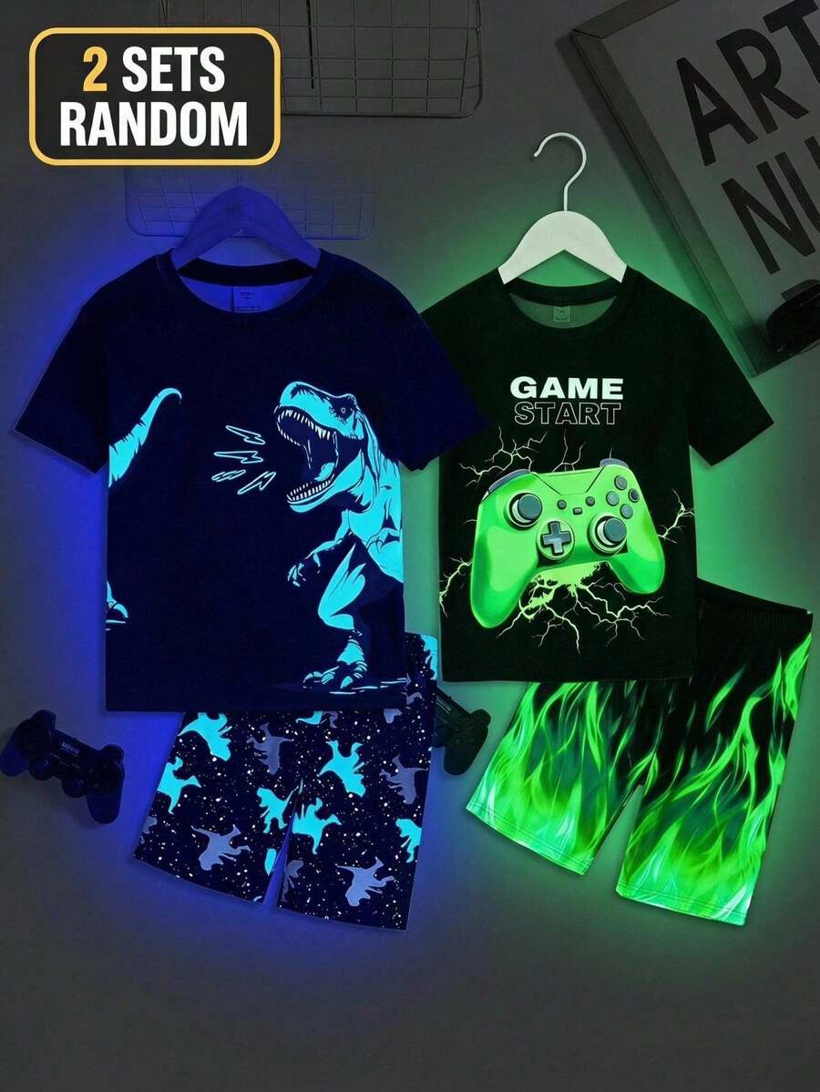 Dozemod Kids Tween Boy Snug Fit Glow Game Controller Graphic Round Neck Short Sleeve Shorts Soft Skin-Friendly Tight Pajama Set 2 SETS RANDOM - Black - View 1