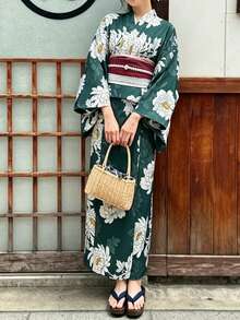 Irokai 花卉圖案和服袖浴袍與細肩帶洋裝浴衣 - 綠色 - 查看 1