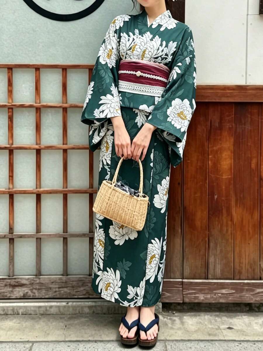 Irokai 花卉圖案和服袖浴袍與細肩帶洋裝浴衣 - 綠色 - 查看 1