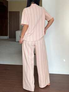 DAZY Conjunto de pijama de mujer con botones y contraste de colores a rayas - Rosa - Ver 2