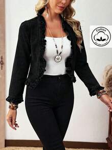 EMERY ROSE Plus Size Women's Street Casual Comfortable Ruffle Trim Mid Blue Non-Stretch Denim Jacket - Black - View 6